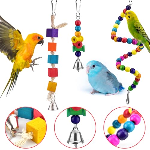 KATUMO Bird Toys, Parrot Swing Parakeet Ladder Conure Wood Perch Bird Chew Toys Cockatiel Hanging Bell Toys for Parakeet, Conure, Cockatiel, Mynah, Love Birds, Finch, Small Pet Birds - style: Colored ladder set (8 IN 1)
