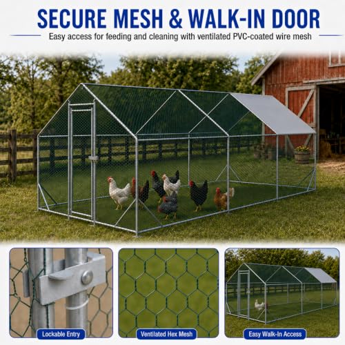 Large Metal Chicken Coop Run with Removable PE Cover, Walk-in Galvanized Steel Poultry Enclosure with PVC-Coated Wire Mesh and Lockable Door for Chickens, Ducks and Rabbits (10' Lx20' Wx6.56' H) - size: 240.0"L x 120.0"W x 78.7"H