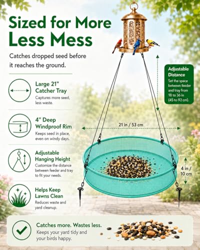 Bird Seed Catcher Tray for Outdoor Hanging Feeders, 21" Upgraded Anti-Flip Feeder Tray with 4" Deep Windproof Platform, Stable Design to Catch Dropped Seeds, Fits Most Bird Feeders(Green) - size: 21 Inch - 1 Pack