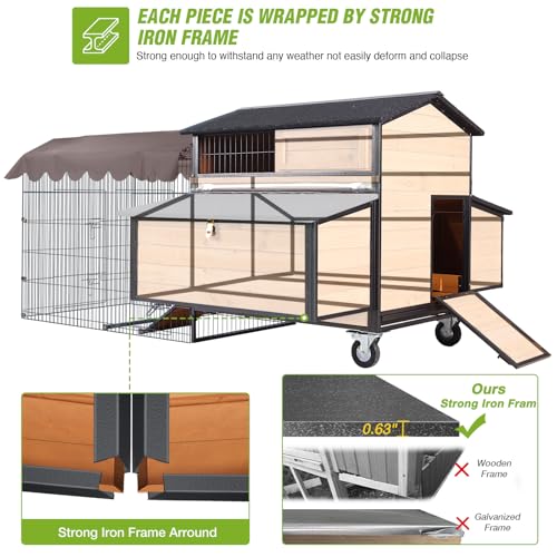 GUTINNEEN Mobile Chicken Coop with Strong Iron Frame Outdoor Hen House with Run Poultry Cage with Waterproof Roof,Nesting Box,Pull-on Tray,6-8 Chickens - size: 76.7"L x 53.8"W x 36.8"H