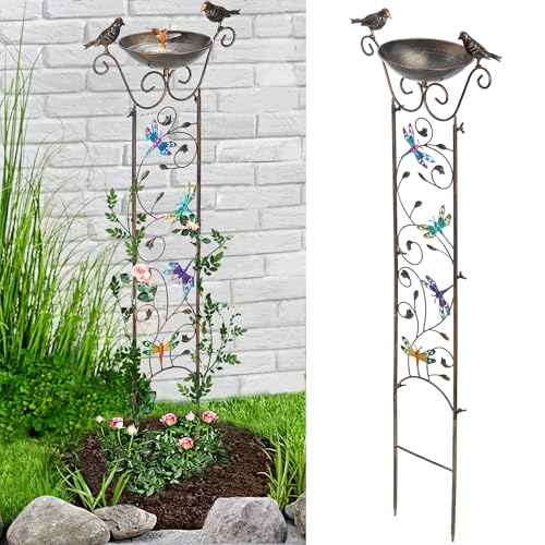 BAYN 43.5 Inch Metal Bird Bath Bowl with Garden Trellis Outdoor | Easy Install, Garden Birdbath and Plants Trellis 2 in 1, Decorative with Dragonfly, Functional Decor for Yard Patio Lawn - style: Dragonfly