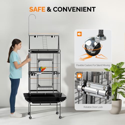 VINGLI 83 Inch Bird Cage with Play Top, Large Wrought Iron Bird Cage with Wheels, Rolling Parakeet Cage with Removable Tray for Cockatiels Lovebird Finches Canaries