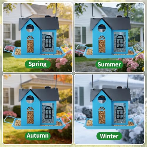 Solar Bird Feeder for Outdoors - Blue Metal Hanging Bird Feeder with Solar Light, Decorative for Wild Cardinals, Finches, Weatherproof Backyard Garden Decor Ideal Gift for Women Mom Grandma - color: Blue