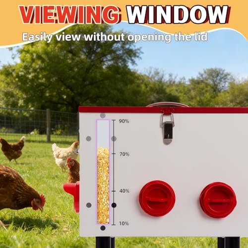 60LB Large Automatic Chicken Feeder with Viewing Window, 7 Port No Waste Design,Rodent Proof Metal Chicken Feeder with Adjustable Height Legs and Safety Latch, Suitable for Outdoor Coops.