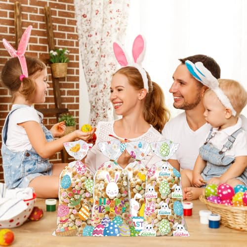 GOMANCHE Easter Cellophane Candy Bags, 100 Pieces Easter Treat Bags with Gold Twist Ties, Easter Cello Goodie Cooikes Gift Bags for Easter Party Favor Supplies