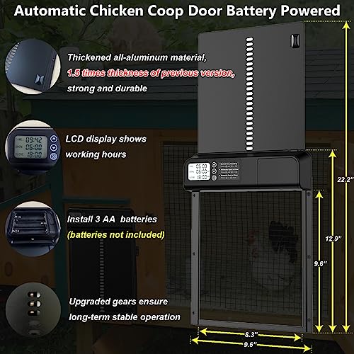 Automatic Chicken Coop Door Battery Powered - Aluminum Chicken Coop Door with Timer Anti-Pinch Sensor LCD Screen - Waterproof Chicken Door for Hens, Ducks, Geese Poultry (Large)