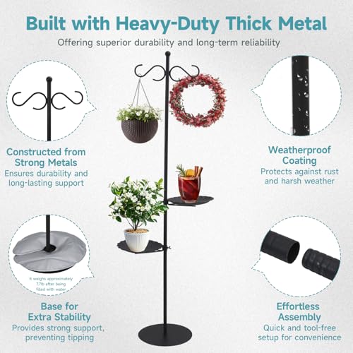 74" Shepherd's Hook Stand Plant，Wind Chime Hanger Stand, Bird Feeder,Waterproof Metal & Adjustable-Height Standing Pole Holder for Lantern and Wreath, Indoor & Outdoor