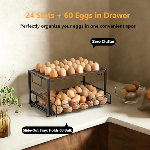 Compact 2-Tier Wooden Egg Holder with Basket, Holds 84+ Eggs | Wooden 2-tier egg holder with basket & carry handle , holds 24+60 chicken, duck & quail eggs - size: 2 Tiers