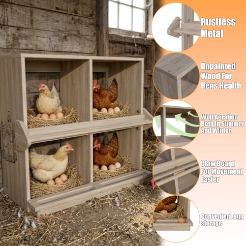 Wooden Nesting Boxes for Chickens Two-Tier Chicken Nesting Box with Swing Perches Floor and Wall Mount Large Laying Eggs Nest Box for Chickens Hens Ducks Poultry (4 Compartments) - size: 4 Compartments