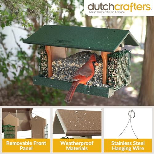 DutchCrafters Poly Hanging Large Hopper Bird Feeder with Two Suet Cake Holder Cages, Durable Long Lasting Outdoor Bird Feeder - Amish American Made in USA (Tudor Brown & Weatherwood) - color: Hanging - Tudor Brown & Weatherwood