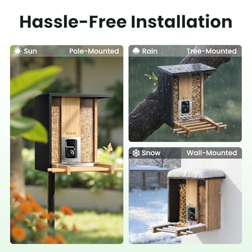 Smart Bird Feeder with Camera, Solar Powered, 2K Live Stream, Bamboo Bird Feeder with Metal Guard, AI Bird Identification, Auto-Recorded Videos, Gift for Bird Lovers - style: BamG AI lifetime