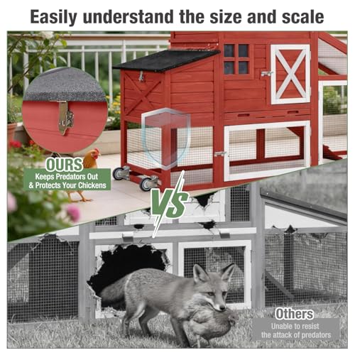 Chicken Coop with Wheels,Outdoor Hen House with Waterproof Asphalt Roof, Wooden Poultry Enclosure with Easy-Clean Slide-Out Tray,Poultry Cage with Nesting Boxes for Duck Rabbit Chicken(Red)