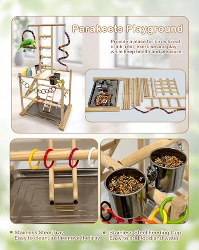 Bird Play Stand, Large Parakeet Playground, Natural Wood Parrot Perch Stand, Birds Play Gym Cockatoos Cage Accessories with Feeder Cups Swings for Cockatiel Budgie Conure