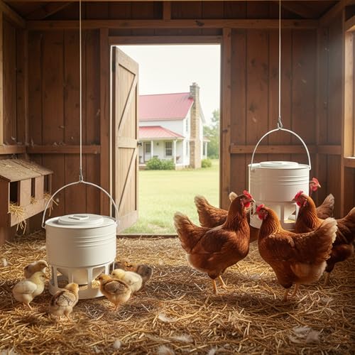 KOL Hanging Chicken Feeder – 20lbs Metal Chicken Feeder No Waste, Adjustable Poultry Feeder with 12 Ports, No Installation & Universal Height Design (Jade White) - color: Jade White
