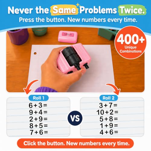 GoldenEgg Math Teacher 4-in-1 Math Roller Stamp, Addition, Subtraction, Multiplication & Fill-in-the-Blank Practice Tool for Kids, Classroom & Home Use (Pink) - color: Pink