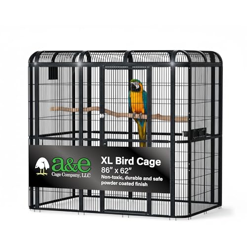 A&E Cage Co WI8662 Walk-in Bird Aviary for Parrots, 86"x62"x79" Black | Key-Lock 69"x25" Front Door, 3 Feeder Doors, Stainless Steel Bowls, Powder-Coated Finish, Room for Large Parrots - size: 86.0"L x 62.0"W x 79.0"H