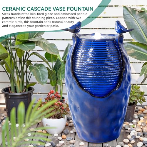 Autodaya 25" Ceramic Jar Outdoor Water Fountain with Hammered Texture | Bird-Friendly Decorative Garden Water Feature with ambiant lighting, Soothing Trickling Waterfall for Patio Backyard Oasis - color: 23.5"h-honeycomb Pot Cobalt Blue Glaze