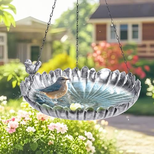 Hanging Bird Bath Outdoors Metal Bird Baths Feeder for Garden Decor | 11.6 Inch Hanging Bird Baths Flower Shape Silver Birdbath Bird Feeder Bowl for Outside, Garden, Lawn Yard Decor