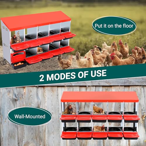 Garvee Chicken Nesting Boxes, 10 Hole Metal Chicken Laying Box with Removable Trays and Roll Out Egg Collection for Chicken Coop, Red - color: red, size: 10 Holes
