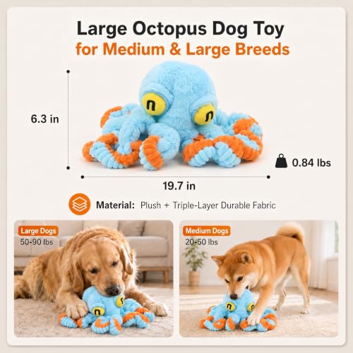 Squeaky Dog Plush Chew Toy, Interactive Tug Squeaky Toy for Chewers, Medium & Large Dogs & Fetch Play, 19.7 Inch Stuffed Octopus Toy with Flexible Spring Tentacles for Gentle Gum Care & Boredom Relief - color: Blue (Big Octopus)