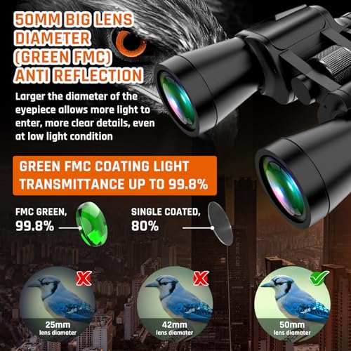 20x50 High Power Binoculars for Adults with Low Light Night Vision | Military Compact HD Professional/Daily Waterproof Binoculars for Bird Watching/Traveling/Outdoor - size: 20x50
