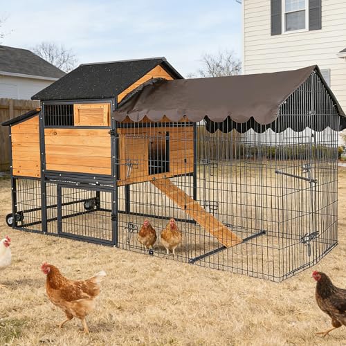 Large Chicken Coop with Wheels, Upgraded with All-Arounded Iron Frame Chicken Tractor, Poultry Chicken House with Large Run, Waterproof Roof, Expandable Nesting Box, 85" L for 5-7 Chickens