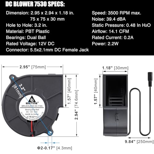 GDSTIME 75mm x 30mm Blower Fan with Speed Control, 110V to 240V AC Powered | Dual Ball Bearing, Brushless Turbine Turbo Cooling, 7530, for Cabinet Humidor, RV Inverter/Charger, DIY Air Purifier - size: 75x30mm