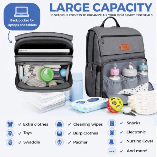Baby Diaper Bag Backpack - Baby Bag for Girls & Boys, Large Waterproof Diaper Backpack - Baby Shower Gifts for Boys & Registry Must Haves - Travel Diaper Bags with Changing Pad - Newborn Stuff - color: A. Gray, style: Classic