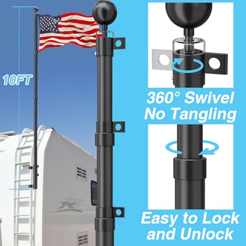 RV Ladder Flag Pole Kit with Holder, 10 FT Telescoping RV Flag Pole | Heavy Duty Portable Flag Pole for RV, with 3 x 5 American Flag, Dual Flag Mount, for Campsites, Tailgates and Outdoor Events - size: Mount+telescoping flag pole