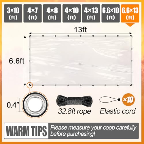MEWTOGO 6.6x13ft Chicken Coop Covers Accessories for Winter | Easy to Install & Waterproof Chicken Run Tarp, with Elastic Cords & Rope - size: 6.6x13ft