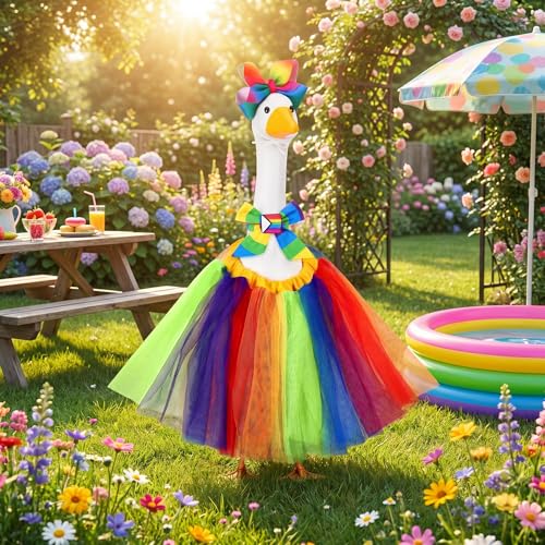 Abbylike Rainbow Porch Goose Outfit Pride Goose Outfit LGBTQ Lawn Geese Costume Clothes with Bow Headband and Tie Fits 23" Cement Geese Statue for Pride Month Outdoor Garden Yard Patio Art Decor - style: Halloween Rainbow
