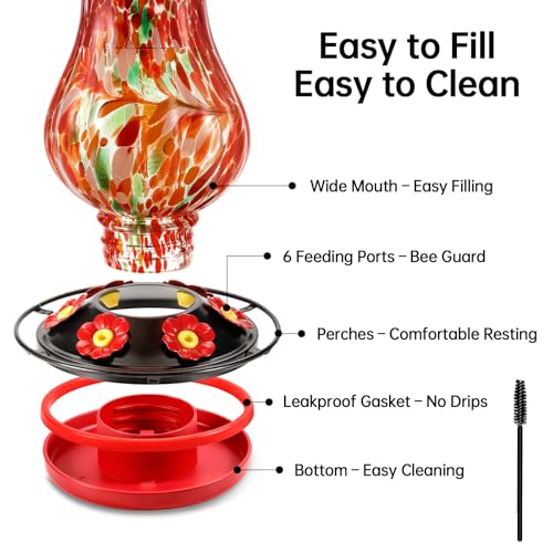 DesGully Solar Hummingbird Feeder for Outdoor - 25 fl.oz Hand Blown Glass Hummingbird Feeders for Outdoors Hanging, Large Capacity with Moat, 6 Colors Changing Light Outside Garden Decor (Red) - color: Red