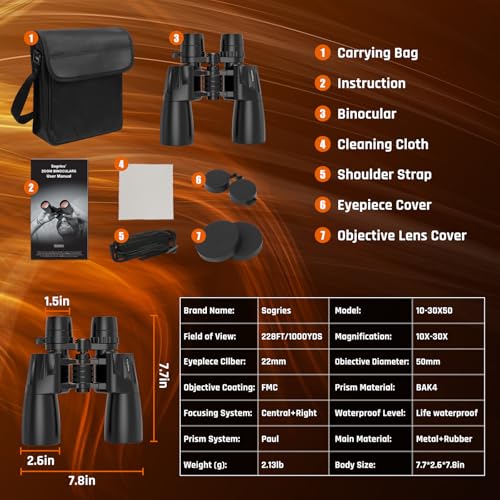 10-30x50 Zoom Binoculars for Adults High Powered | HD Optics,Waterproof, Fogproof,Military,Bird Watching,Traveling Concerts,Large View,BAK4,FMC Lens,Clear Low Light Vision