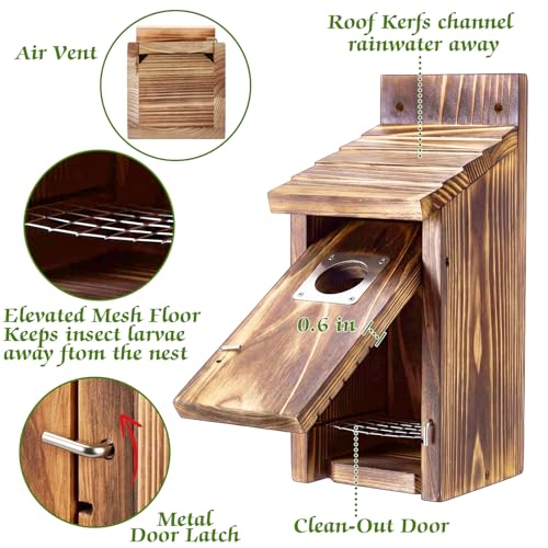 Dreyoo 2 Pack Bluebird Box Houses for Outside,1-1/2'' Entrance Hole Wooden Bird Houses with Metal Guard, Secure Latch,Fledgling Grooves,Air Vents for Bluebird Wren Swallow(Burnt Wood) - color: Burnt Wood