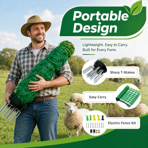 Electric Fence Netting, 164'L x 42.5" H Electric Fence Kit for Livestock, Goat, 14 Posts Double Spiked Portable Electric Poultry Farm Fence - size: 164'L x 42.5" H