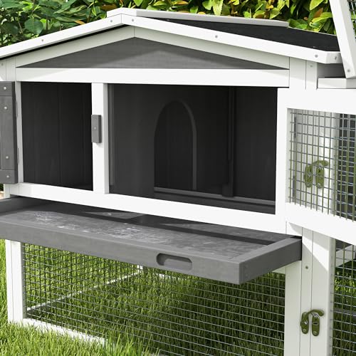 PawHut Rabbit Hutch 2-Story Bunny Cage, Guinea Pig Cage Indoor Outdoor, Small Animal House with Slide Out Tray, for Rabbits, Chickens, Ducks, 61.5" x 23" x 27", Light Gray | Bunny Cage, Guinea Pig Cage, Small Animal House, Slide Out Tray, for Rabbits Chic