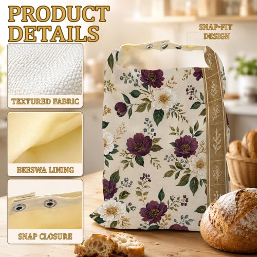 2 Pack Beeswax Burgundy Floral Bread Bags for Sourdough Homemade Breads, Reusable Beeswax Bread Ivory Botanical Storage Bag, Keep Loaves Fresh Longer, Freezer Safe & Airtight, Zero Waste 17 x 13'' - color: Burgundy Floral