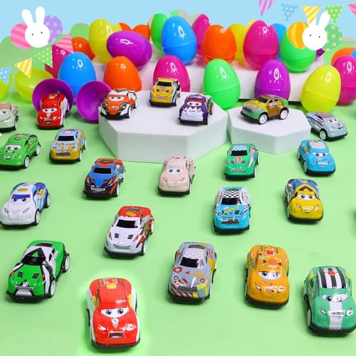 24 Pack Prefilled Easter Eggs with Pull Back Cars, Easter Basket Stuffers Toys Colorful Racing Vehicle for Kids Boys Toddlers Basket Stuffers Filler Surprise Egg Hunt Party Favor Classroom Prize - style: 24 Pack Easter Eggs with Pull Back Cars