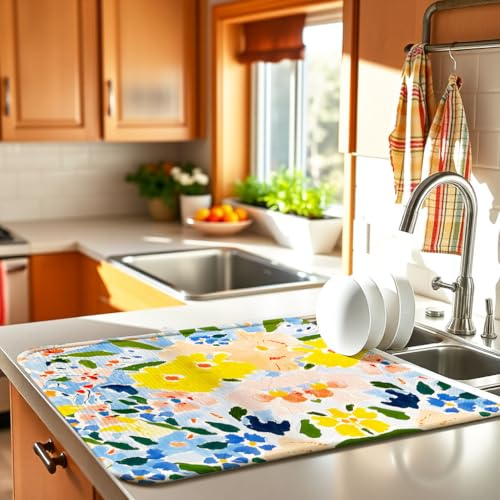 Floral Reversible Counter Dish Drying Mat, 18x24, Blue Yellow Draining Pad | Soft microfiber catches spills, non-slip backing protects counters, compact foldable mat suits dishes, glasses and cookware - color: Flower 02, size: 24" x 18"