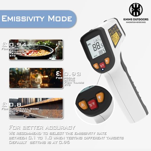 KNINE OUTDOORS Infrared Thermometer Gun, -58℉ to 1112℉ | Temp Gun, Laser Temperature Gun, for Cooking, Oven, BBQ, Griddle, Meat, HVAC Engine, Distance to Spot Ratio 12:1, White - color: White