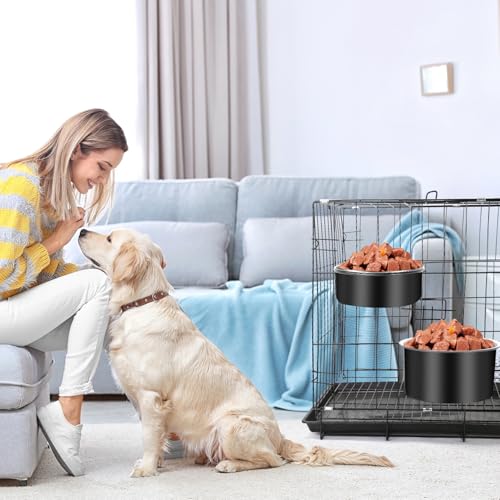 Attachable Dog Bowls for Crates, ShineMe 40oz & 60oz Dog Kennel Food and Water Bowl, 7.1 x 3.7” & 6.3 x 2.6” Dogs Crate Bowls Hanging No Spill for Large or Medium Dogs, Set of 2 Black - color: Black (60oz+40oz)