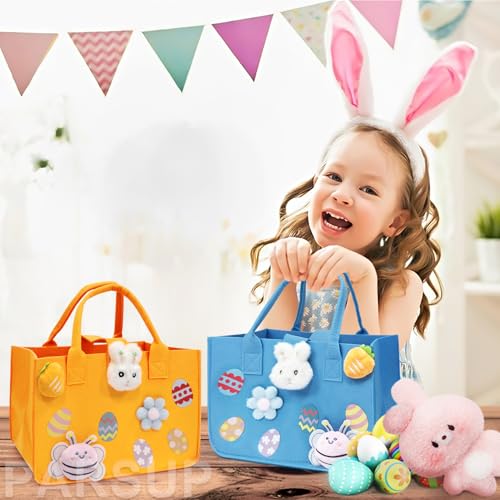 2PCS Easter Egg Hunt Bags Happy Easter Bunny Gift Bags with Handles, Easter Treat Bags, Felt Easter Bags for Gifts Wrapping, Egg Hunt Game, Easter Party Supplies, 12" x7.8" x6.8"(Blue + Orange)