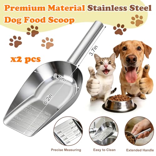 Mity rain 2PCS Dog Food Scoop Stainless Steel with Long Handle | Precise Measuring Cups, 1, 3/4, 1/2, 1/4 Cup, Pet Scoop for Cats, Rabbits, Animals, Metal Spoon for Dog Food Storage (2 CUP) - size: 2.0 CUP