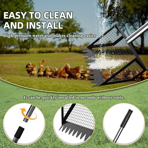 Paulno Chicken Coop Rake and Scoop 2-in-1 Chicken Poop Scooper | 62" Adjustable, Stainless Steel Sifting Shovel, For Sand, Animal Waste, Heavy Duty Dog Pooper Scooper, For Coops & Pets