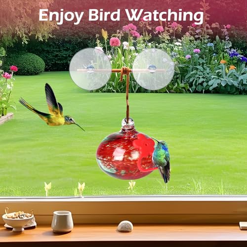 Pozfun Window Hummingbird Feeder with Suction Cups,Hand-Blown Glass Hummingbird Feeders for Outdoors Window Mounted with Metal Hook,Close Bird Watching,Finch in Garden,Yard(Red) - color: Red