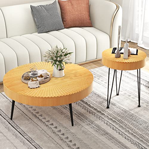 COSTWAY Farmhouse Round Coffee Table Set of 2, Rustic Sofa Side Tea Tables w/Wood Finish, Metal Frame, Adjustable Foot Pads, Nesting End Table Set for Living Room, Bedroom (Radial Pattern, Natural) - color: Natural, style: Radial Pattern