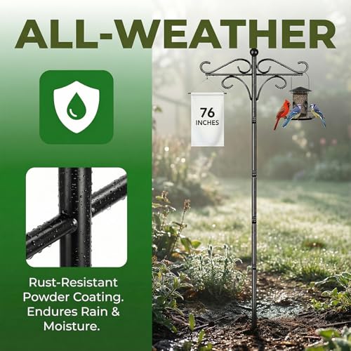 76" Double Shepherds Hooks for Outdoor | Bird Feeder Pole with 5 Prong Base, Metal Hooks for Hanging Plant Baskets, Solar Lanterns & Hummingbird Feeders - size: 76 Inch