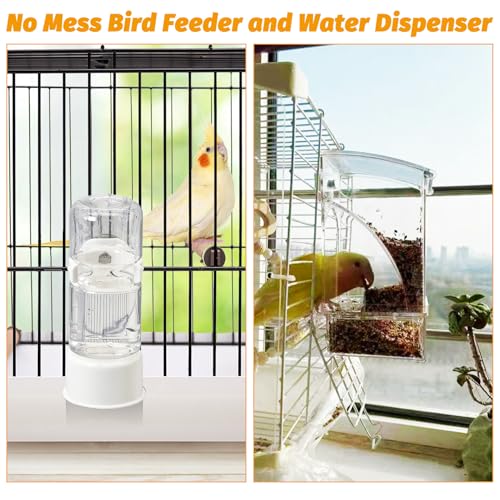 BNOSDM No Mess Bird Feeder Water Dispenser Set Automatic Parrot Feeder Drinker Transparent Food Container 3 Pcs Parakeet Cage Accessories for Cockatiel, Budgies, Conure, Lovebird, Finch (Transparent) - color: Transparent + 2 Pcs Bird Water Dispenser Set