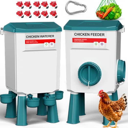 Chicken Feeder and Waterer Set, Automatic No Waste Poultry Feeding System, 17 lb Feeder & 7L Waterer, 4-in-1 Chicken Coop Kit with Vegetable Holder for Chickens, Ducks & Quail