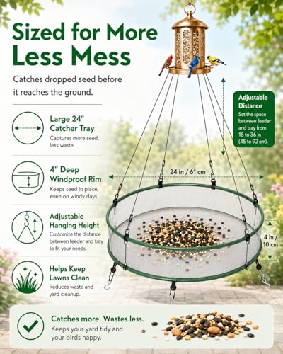 Bird Seed Catcher Tray for Outdoor Hanging Feeders, 24" Large Upgraded Anti-Flip Feeder Tray with Complete Accessories, 4" Deep Windproof Platform to Catch Dropped Seeds, Fits Most Bird Feeders - size: 24 Inch - 1 Pack
